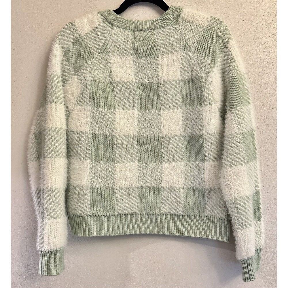 Willow and Wind Pale Green Plaid Cropped Eyelash Cardigan Sweater Sz M 90s - Picture 9 of 11